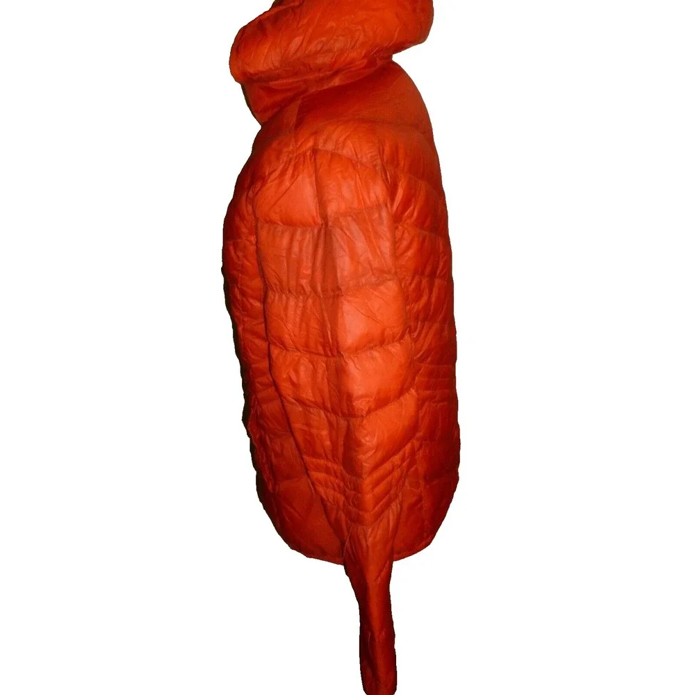 Orange Hooded Puffer‎ Jacket Quilted Full Zip Winter Coat Goose Down Womens